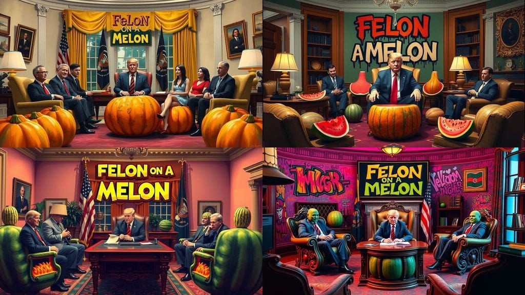 Surrealistic Melon Oval Office Scene with Donald Trump and S...