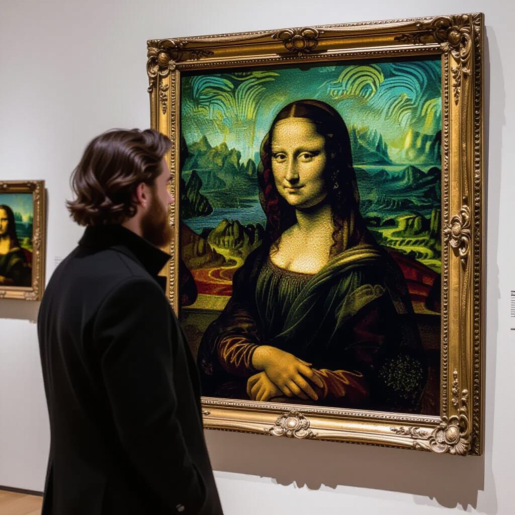 Man Views Mona Lisa Reimagined in Van Gogh Style