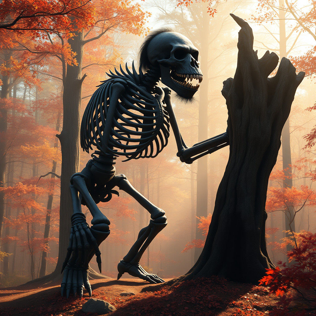 Giant Gorilla Skeleton in Autumn Forest, Dark Fantasy Art