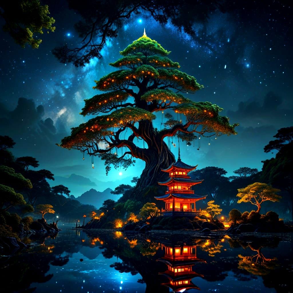 Surreal Pagoda Tree Over Mirror Lake at Night
