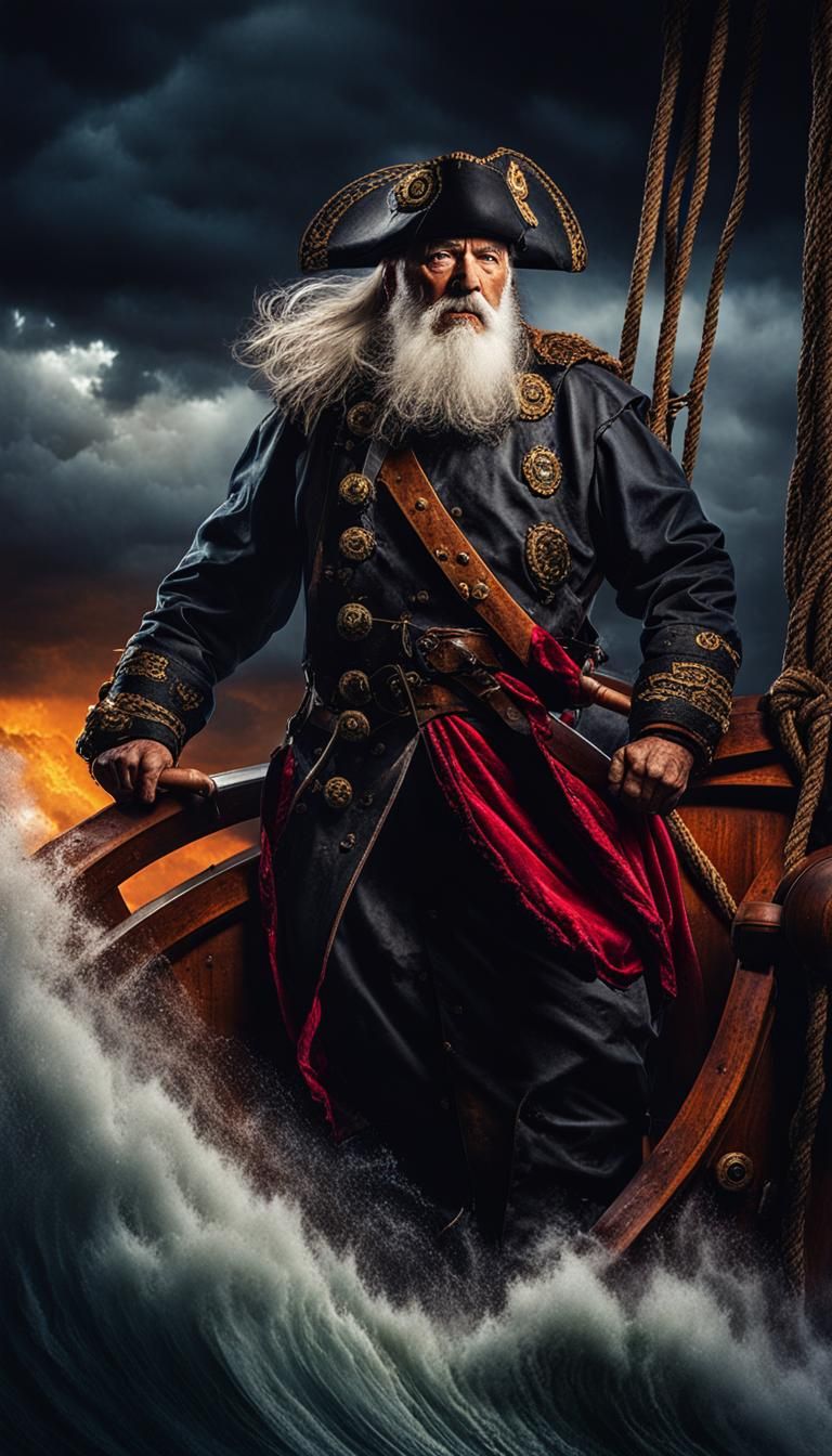 Fearsome Pirate Captain at the Helm: Hyperrealistic Oil Pain...