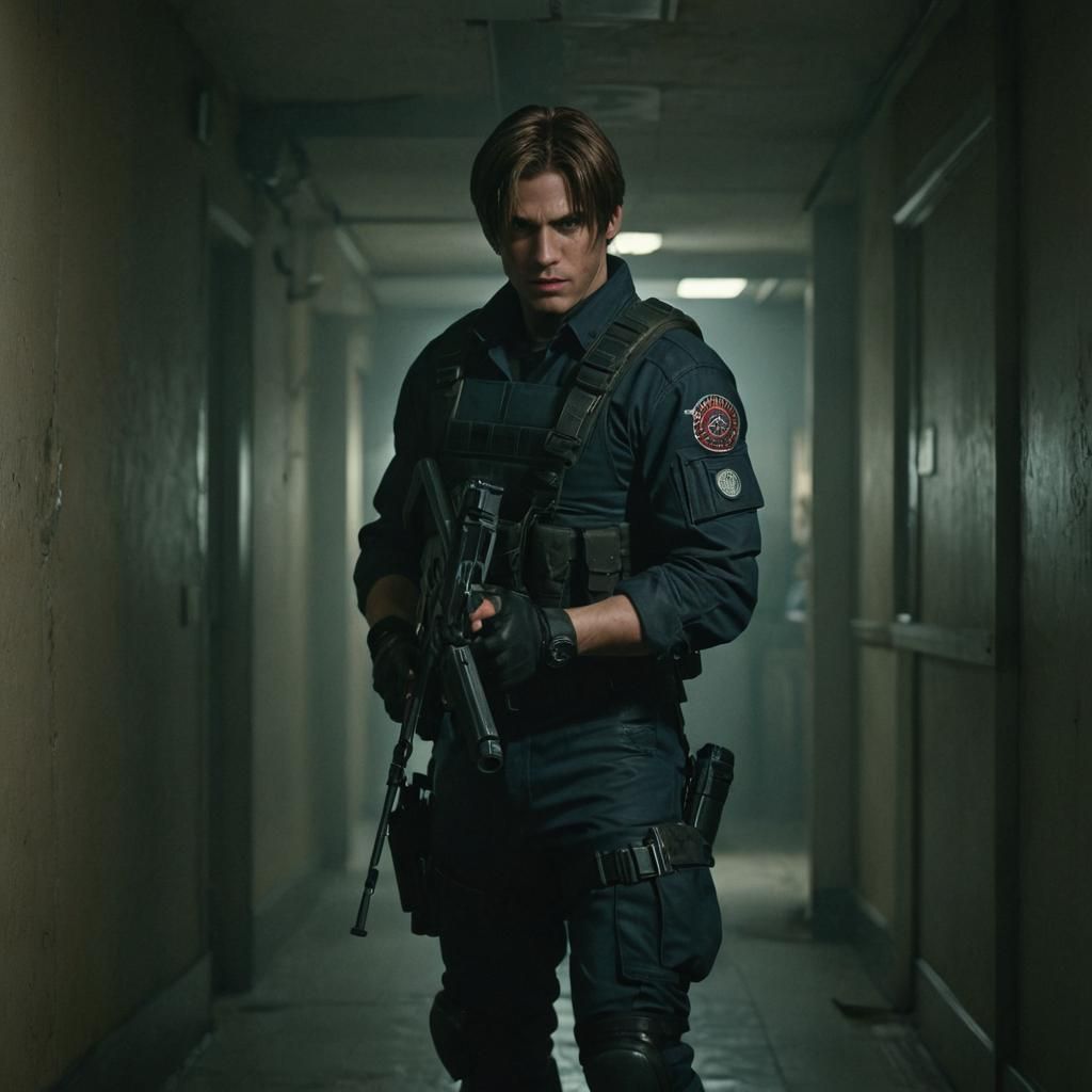 Leon Kennedy in Dimly Lit Corridor, Cinematic Film Still