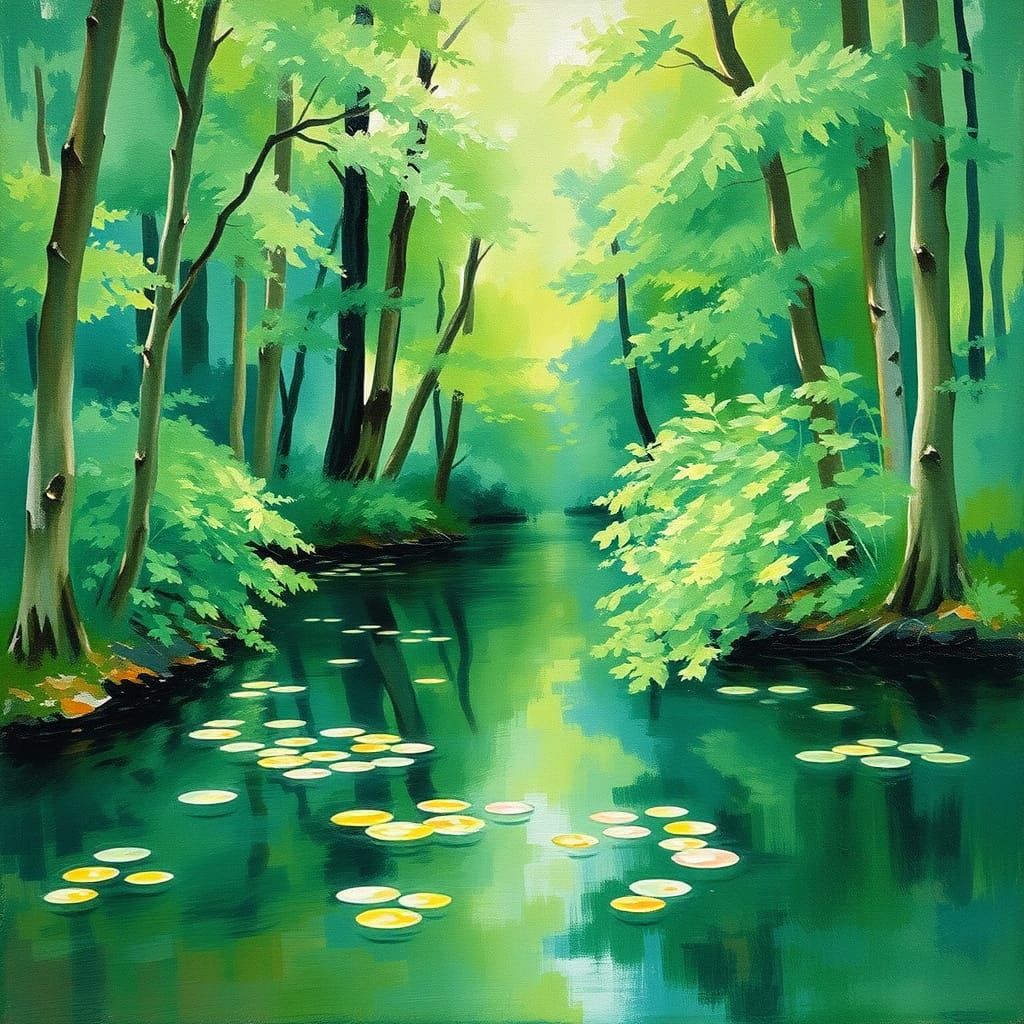 Idyllic Green Forest Pond Scene