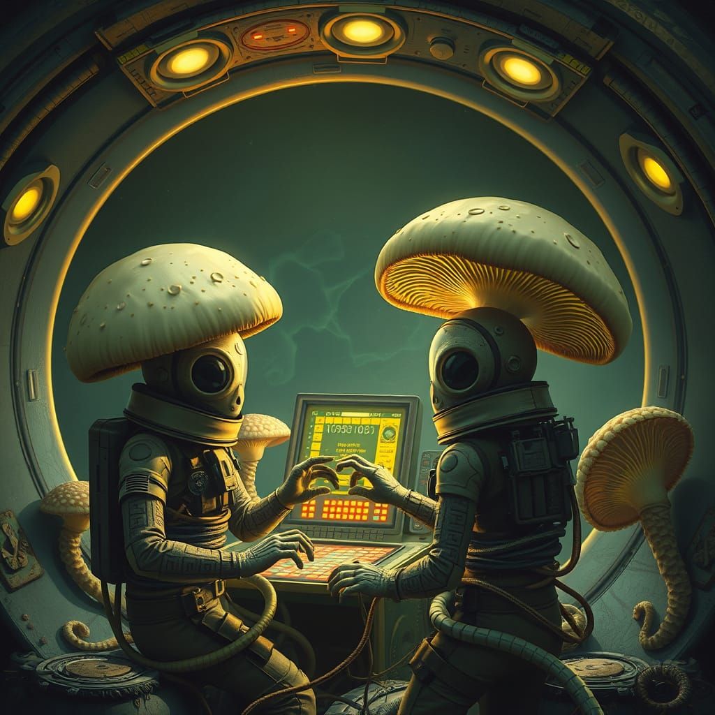 Alien Mushroom Tinkerers in Cyberpunk Spaceship