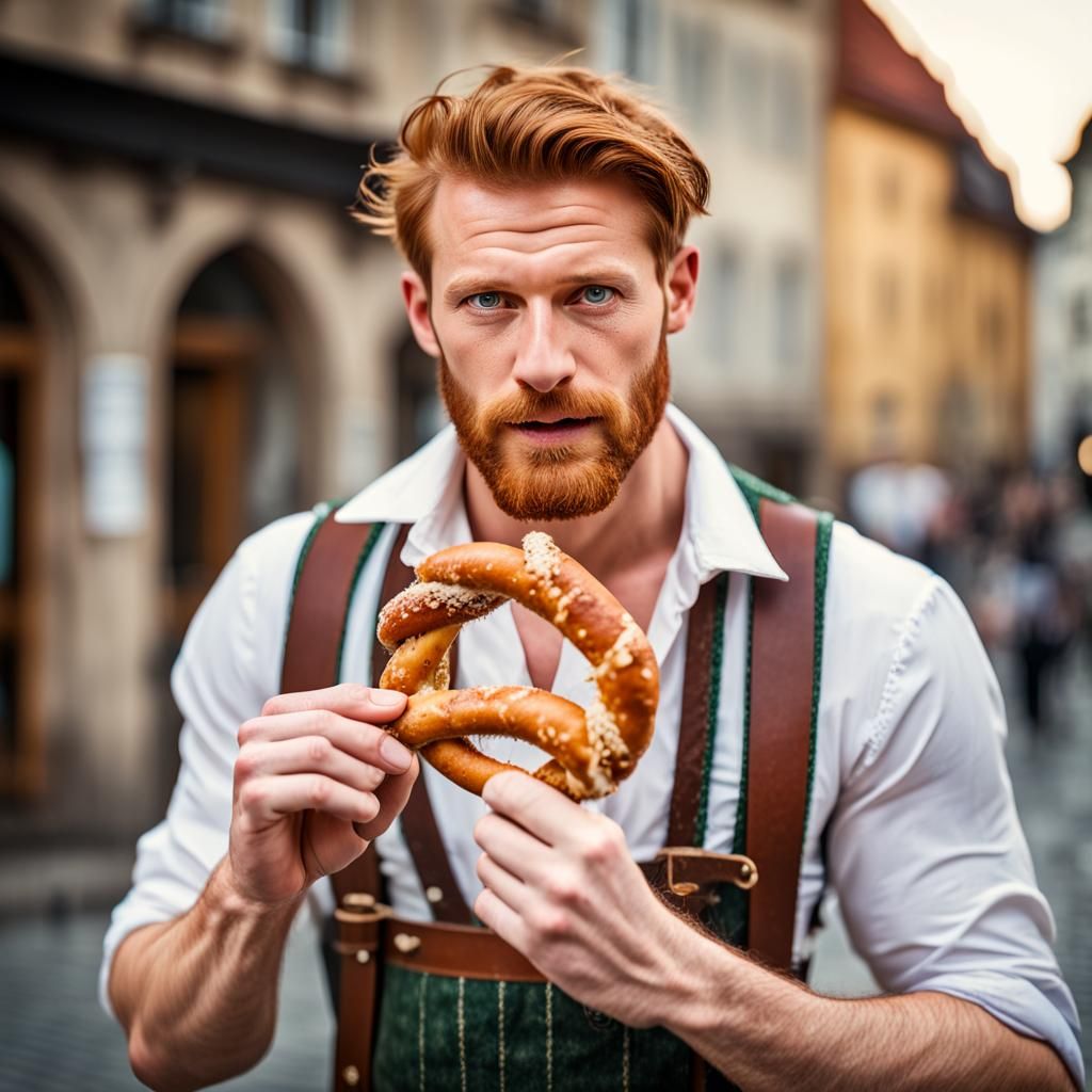 Bavarian Man Eating Pretzel in Munich: Professional Photo