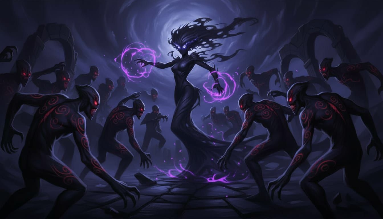 Monster Woman Battles Shadowy Horde With Glowing Eyes