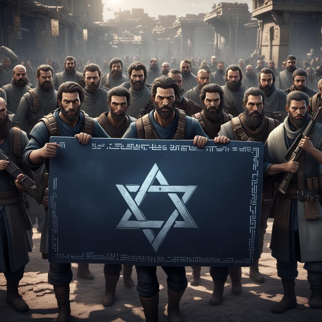 Men Holding Hebrew Sign in 3D Game Style
