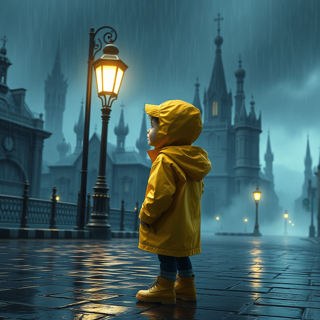 Mystical Cityscape: Child in Rain, Matte Painting