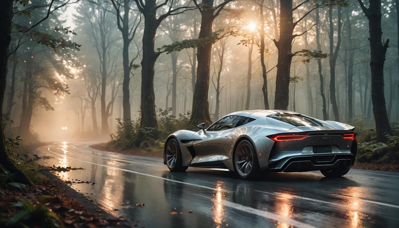 Elven Sports Car Speeds Through Misty Forest