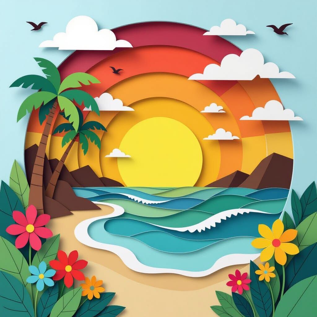 Intricate Summer Seascape Sunset Wood Collage