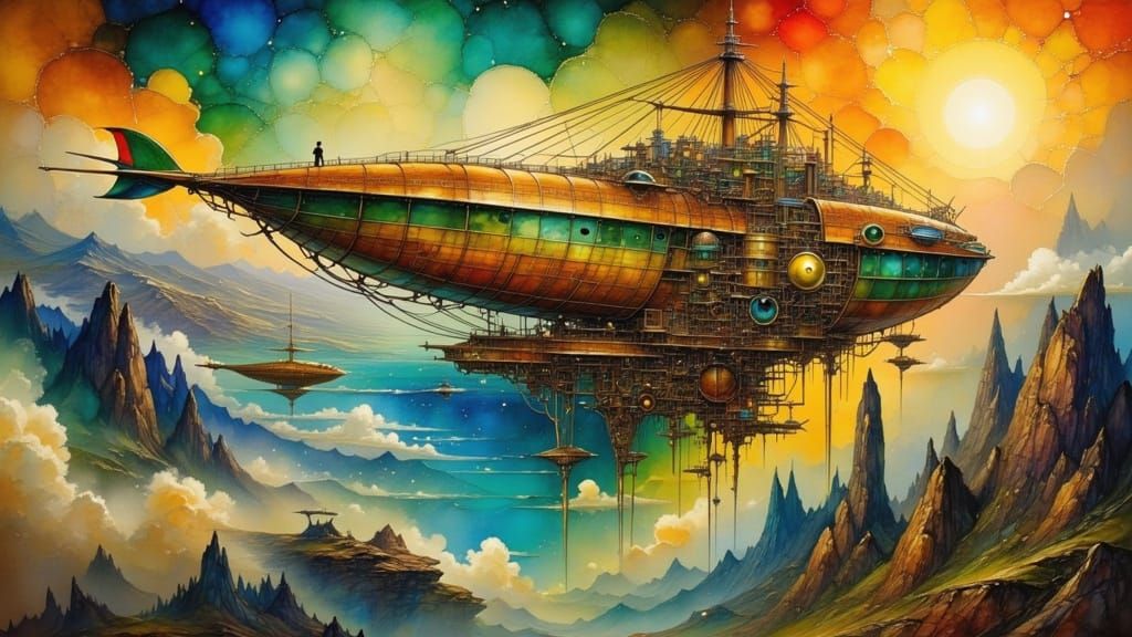 A majestic airship docks at a floating city high above the c...