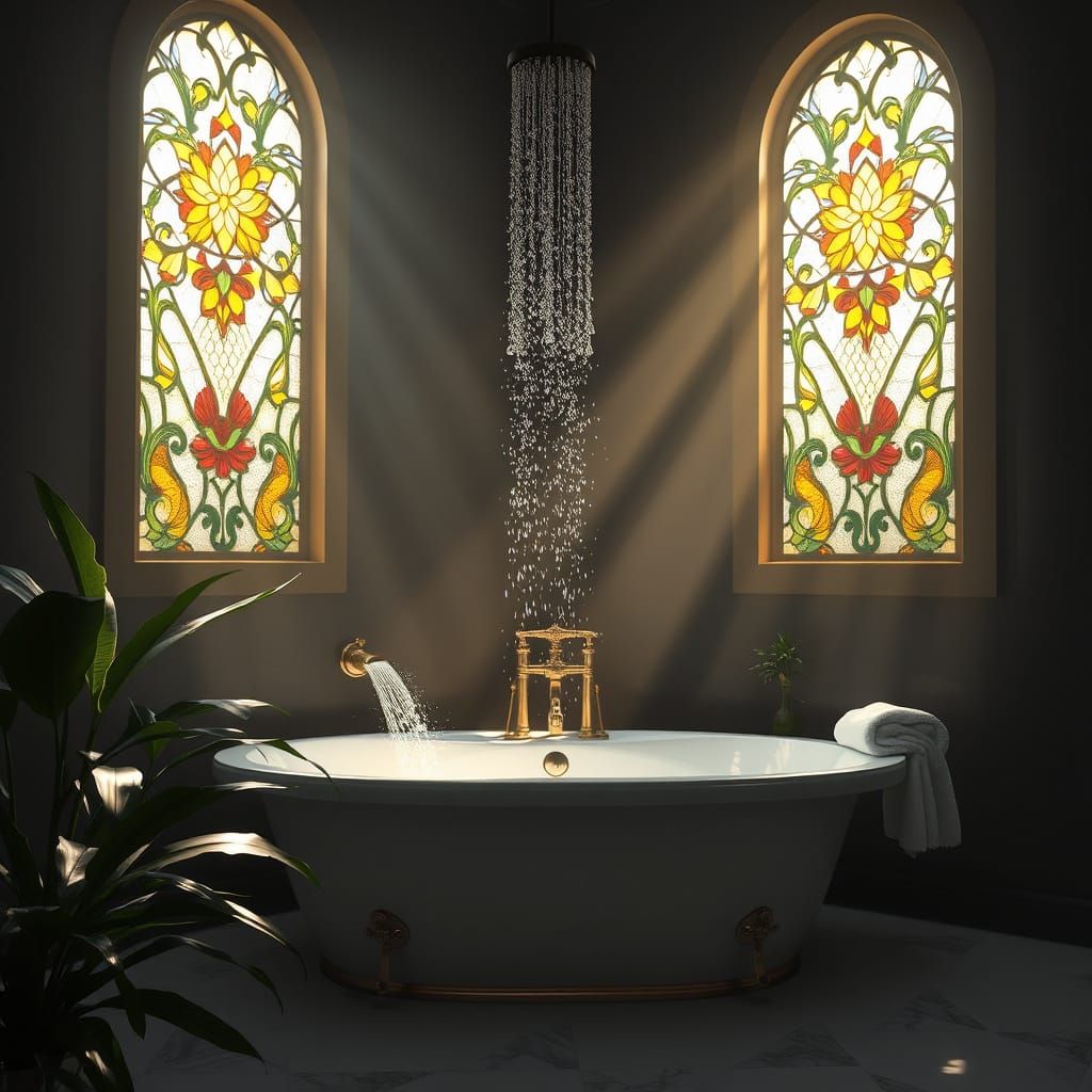 Elegant Modern Bathroom with Golden Light and Verdant Plants