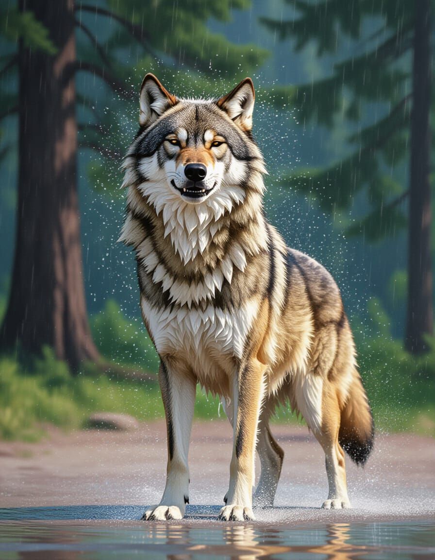 Blissful Wolf Shakes off Rain in Digital Art