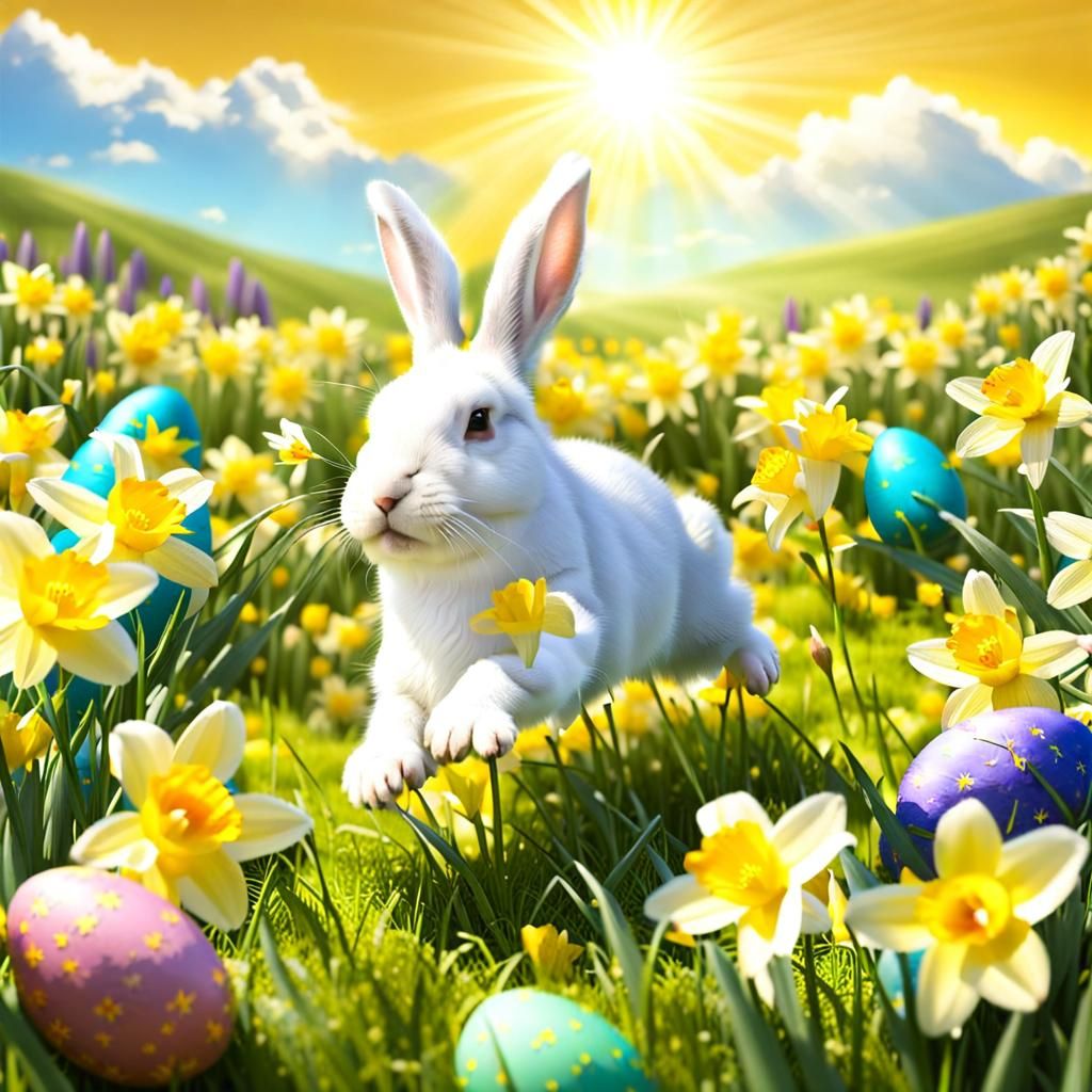 Easter Rabbit Running in Sunny Daffodil Meadow