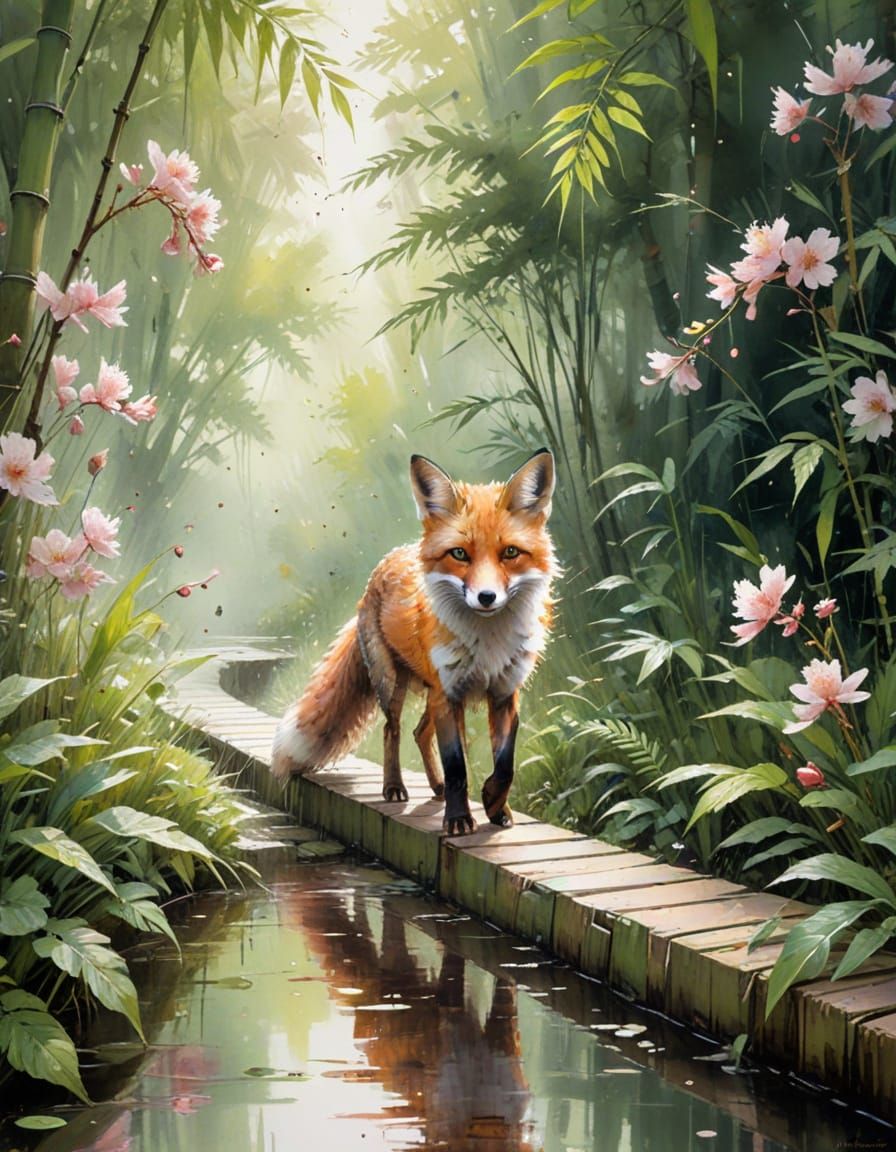 Fox on Bamboo Path in Spring Garden Watercolor