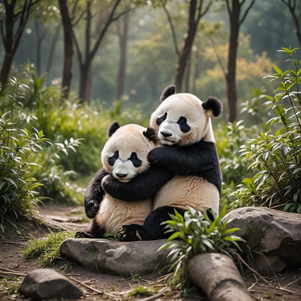 Sad Little Panda Hugging Reluctant Big Panda