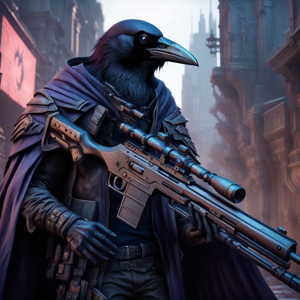 Cyberpunk Raven Sniper in Dark Cloak
