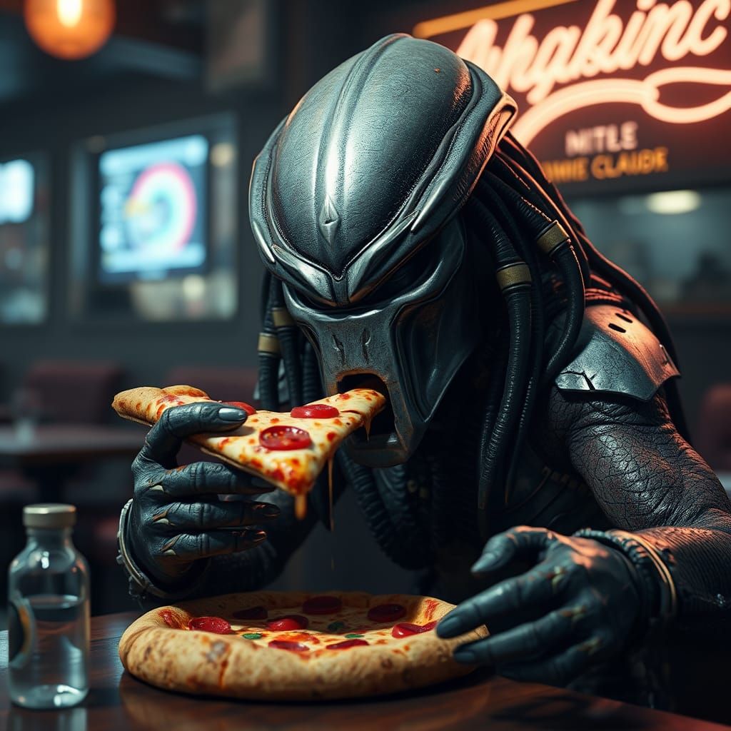 Predator Alien Eats Pizza: 3D Artstation Render