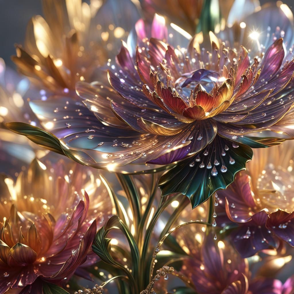Metallic Flowers with Crystal Dew in Digital Illustration