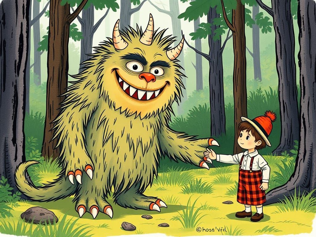 Friendly Monster in Forest, Children's Book Illustration