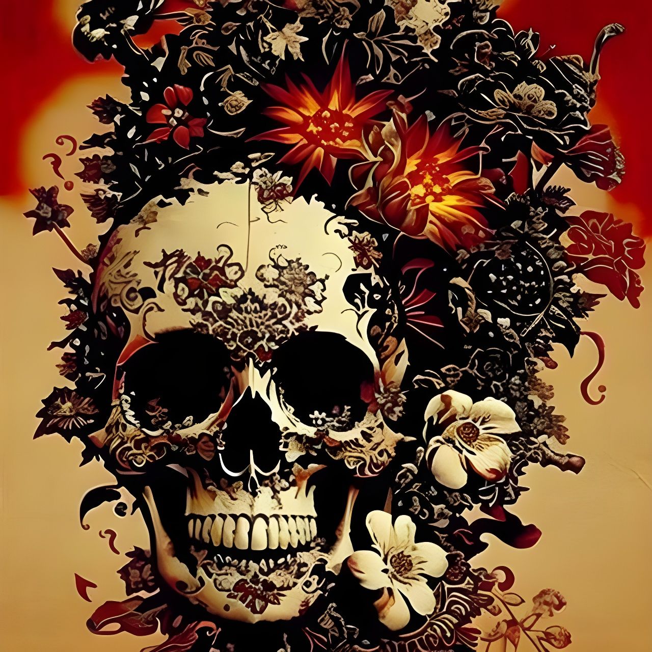 Explosive Skull Postage Stamp in Flowery Fantasycore Style