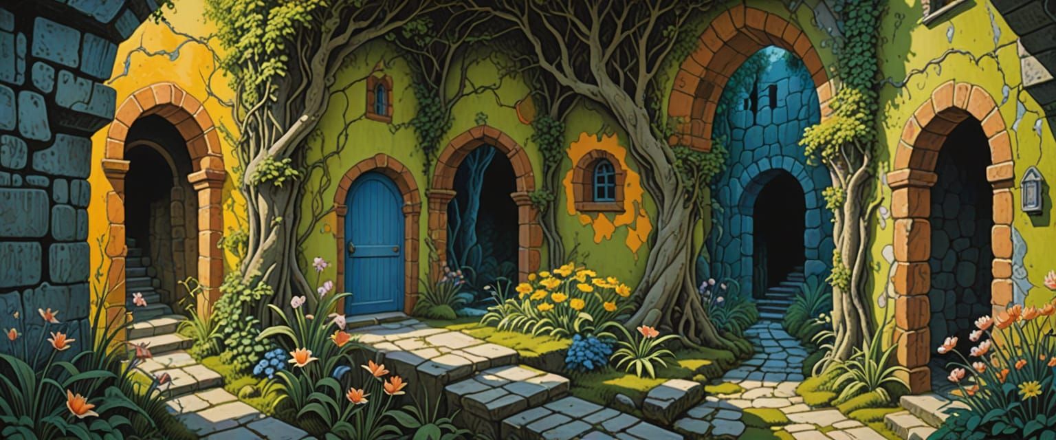 Mysterious Swamp Passageways with Goblin, in Watercolor Styl...