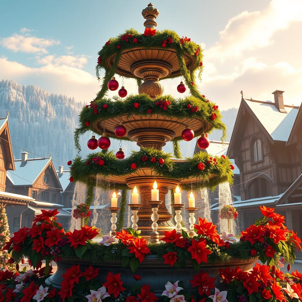 Surreal Winter Wonderland Scene with Majestic Christmas Foun...