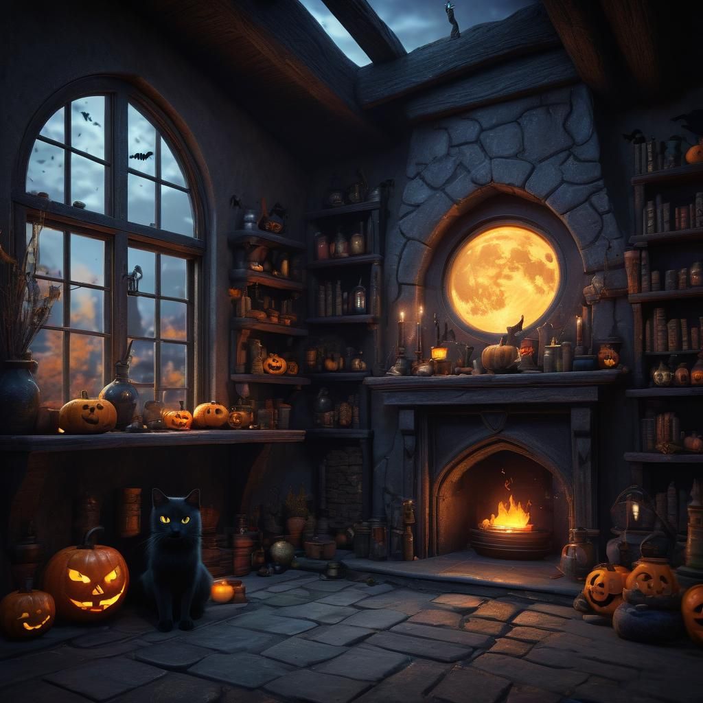 Witch's House Interior with Cat and Potions