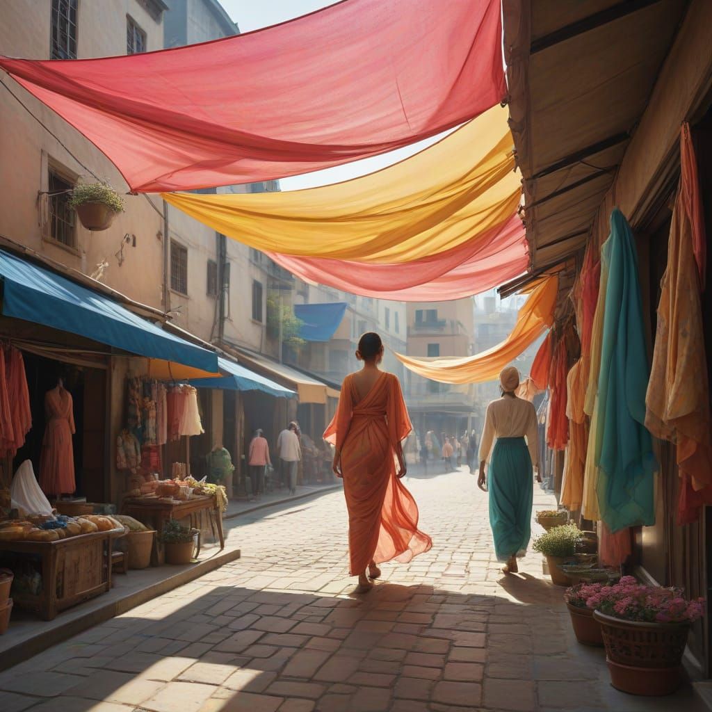 Sun-Drenched Bazaar of Floating Silks