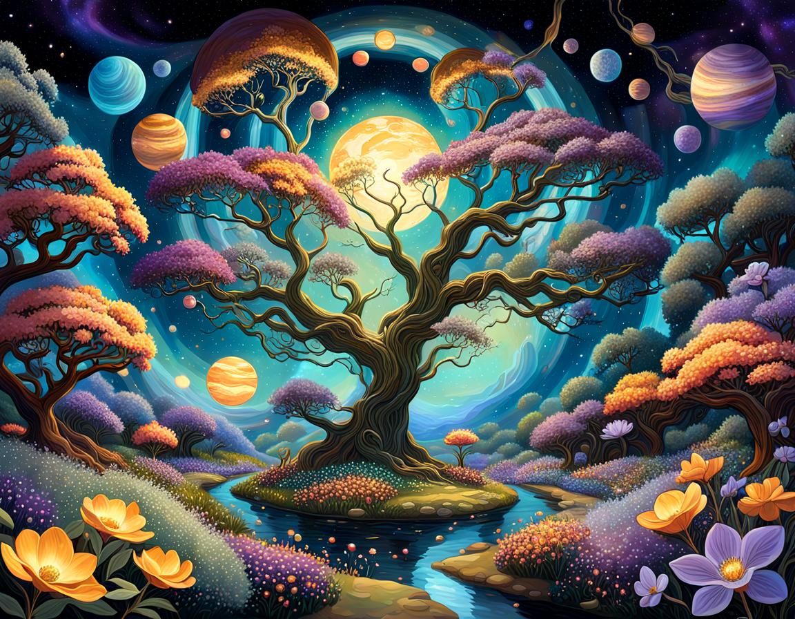 Celestial Garden in Space: Digital Oil Painting