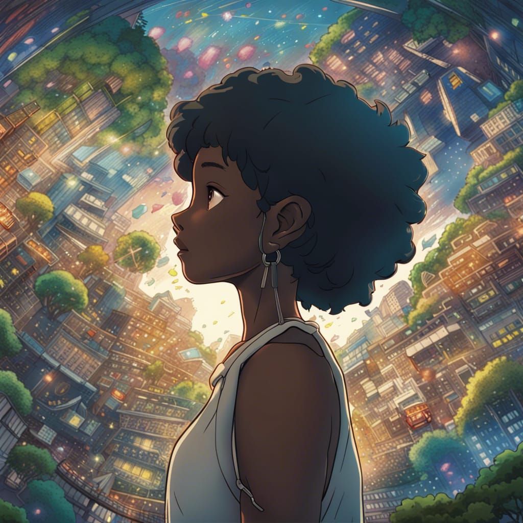 Melanated Mother Creating Universes in Anime Style