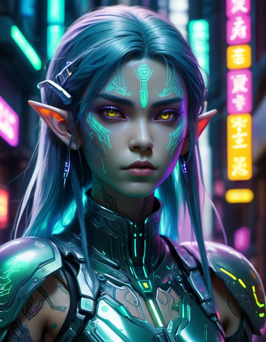 Cyberpunk Elf Warrior in Neon Alley