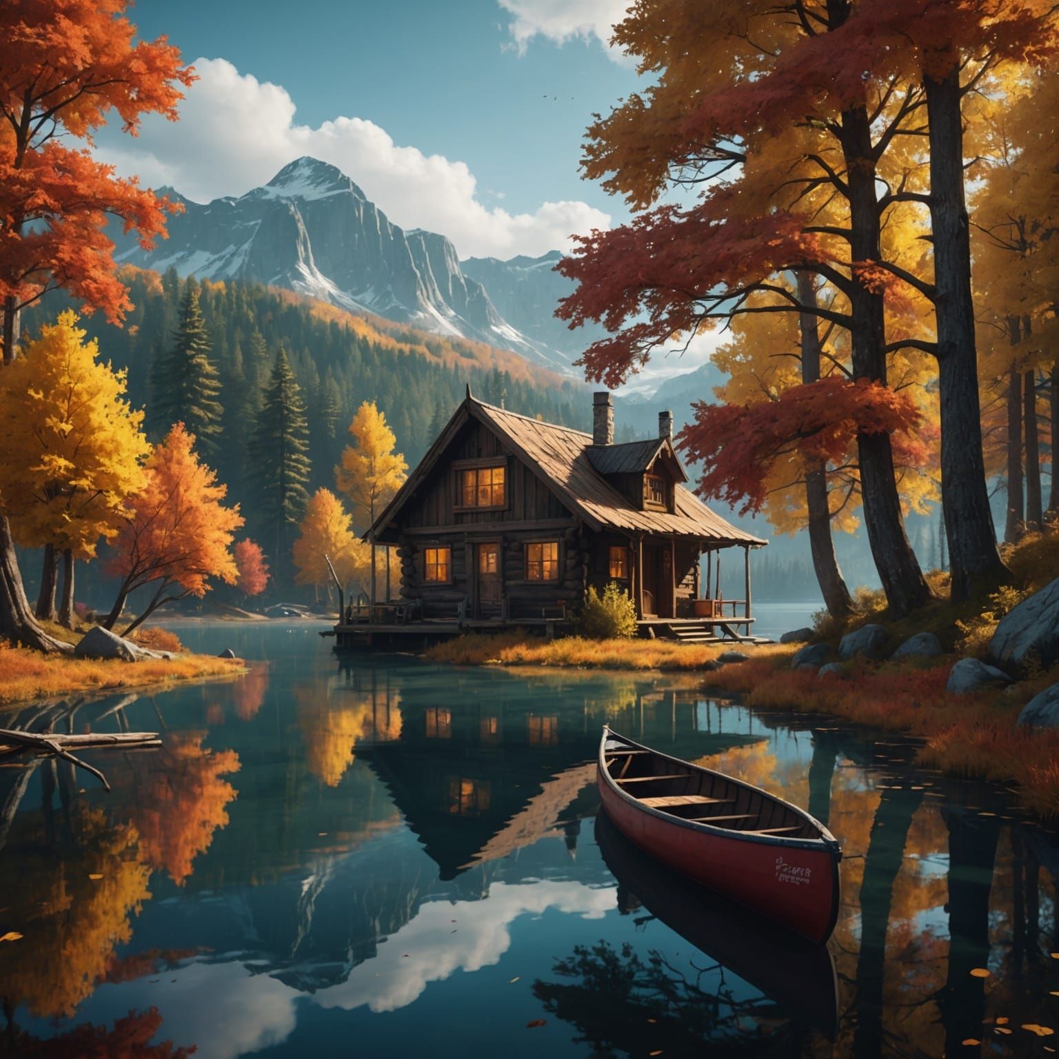 Autumn Lake Canoe Scene in Matte Painting Style