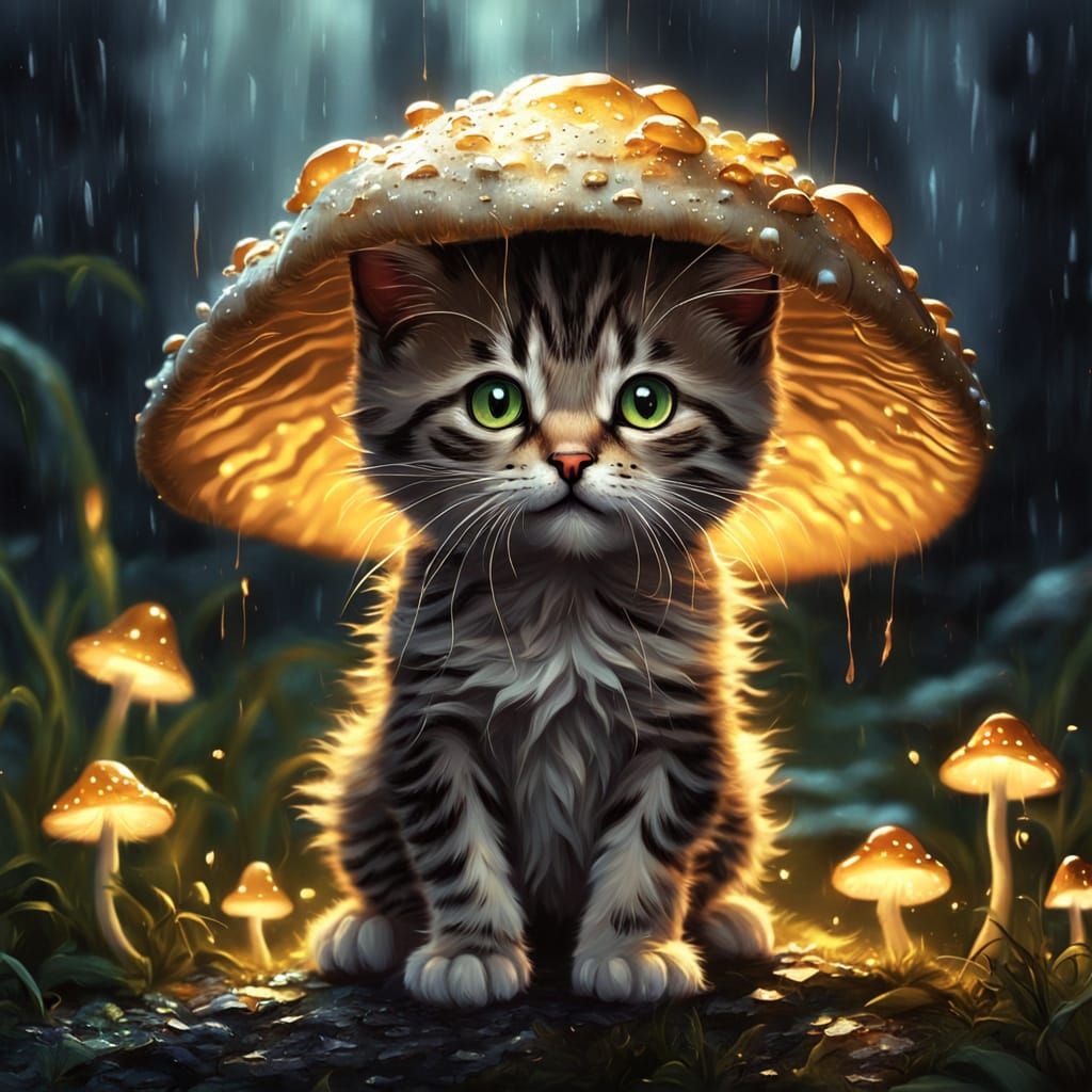 Whimsical Kitten Under Glowing Mushroom in Golden Rain