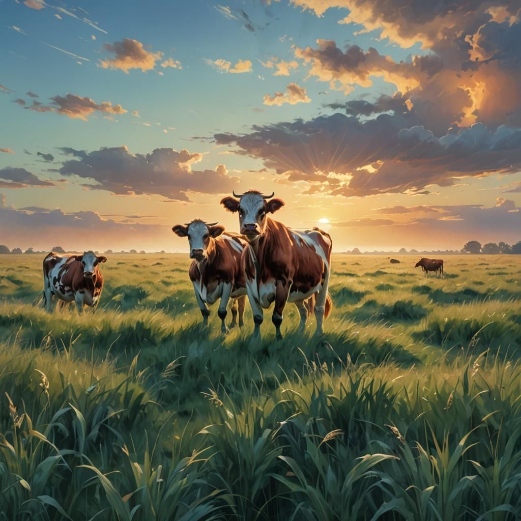 Cows with Human Expressions in Dreamlike Landscape