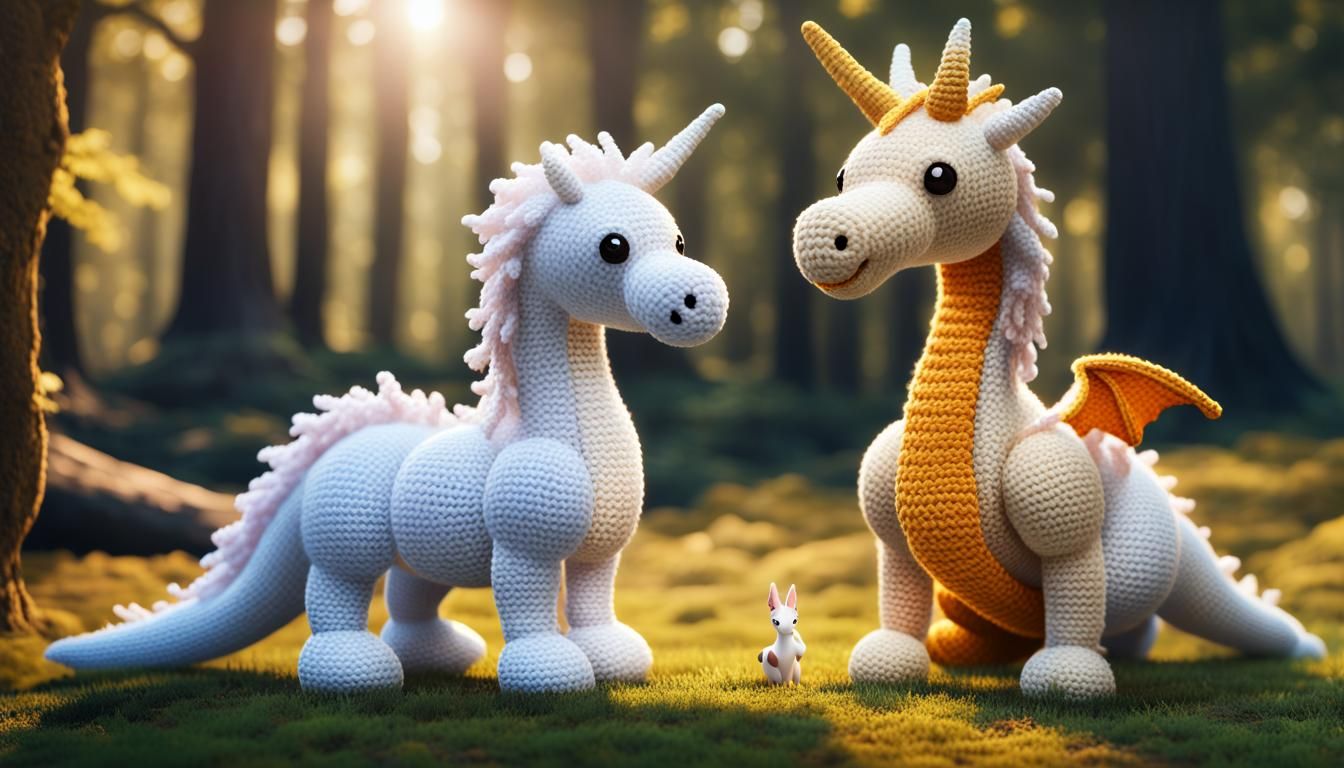 Crochet Dragon and Unicorn in Yarn Forest