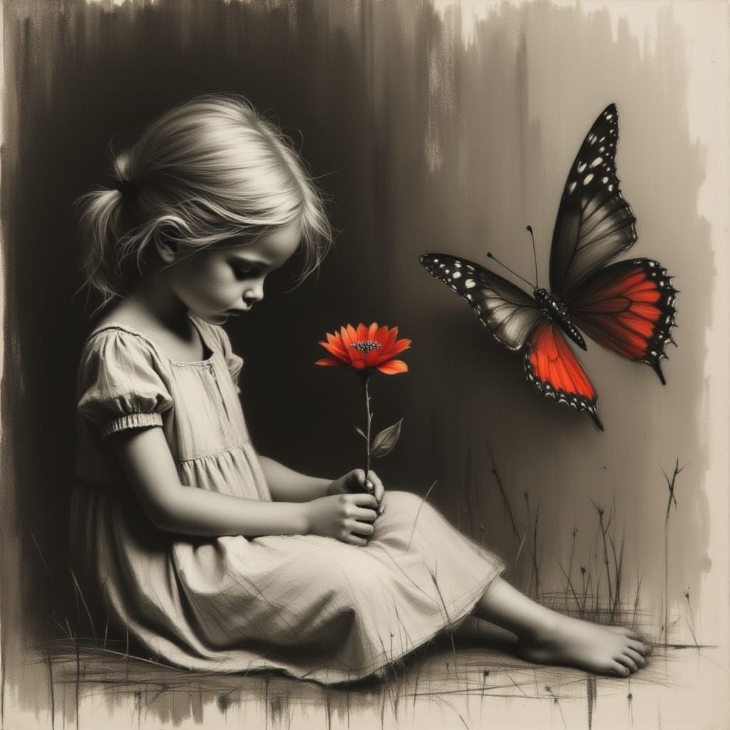 Girl with Red Flower in Charcoal Drawing Style