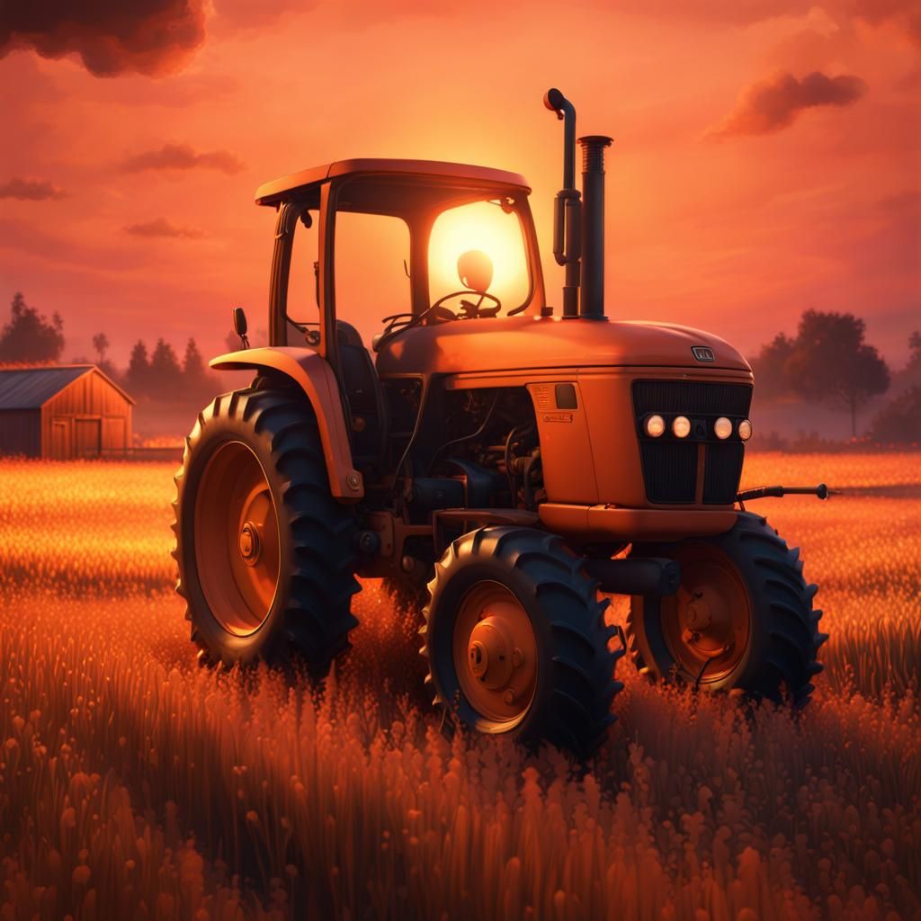 Sunset Tractor on Farm: Detailed Matte Painting