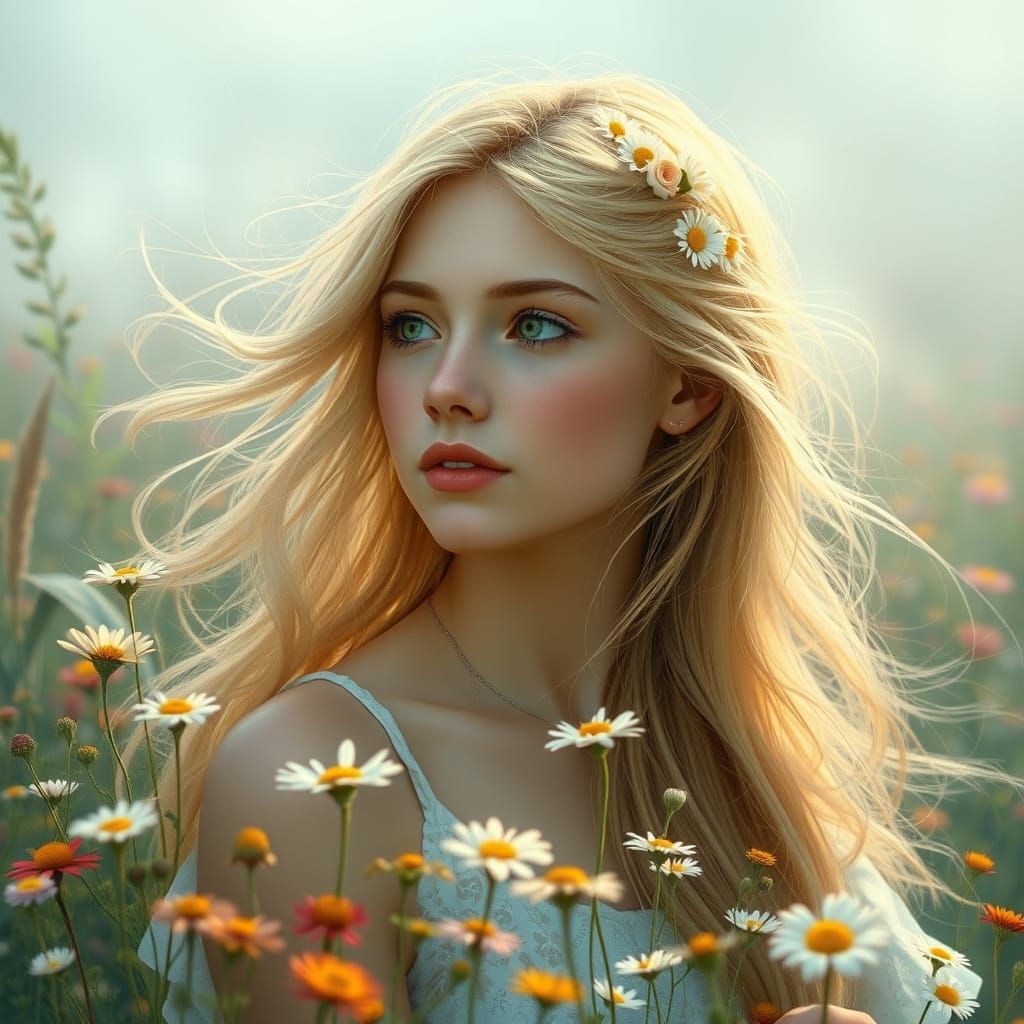 A fairy-tale scene featuring a young woman with flowing blonde hair adorned with daisies, gazing thoughtfully amidst a f...
