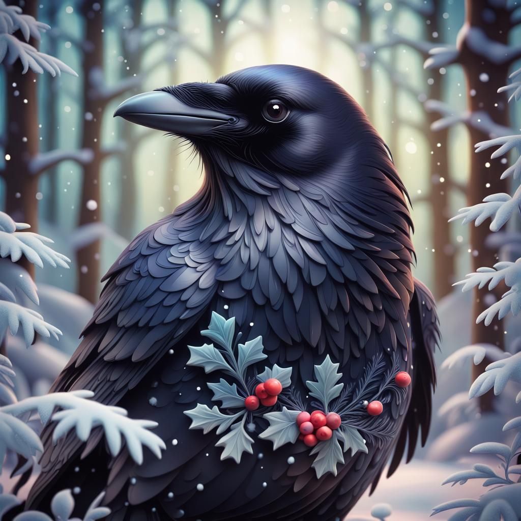 Cute Raven Portrait in Winter Forest, 3D Render
