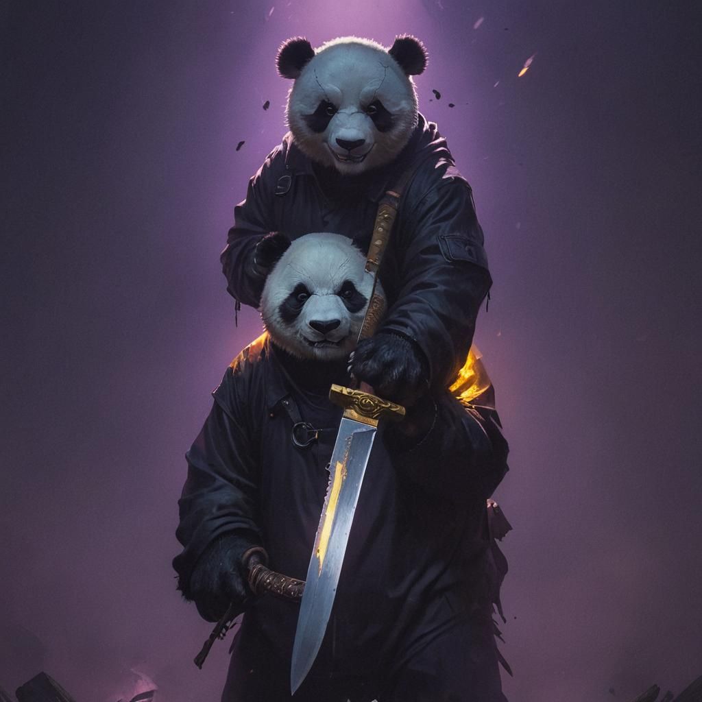 Panda in Mask with Knife: Dark Fantasy Art