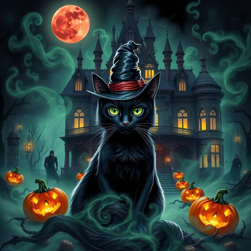 Black Cat in Witch Hat at Haunted Mansion