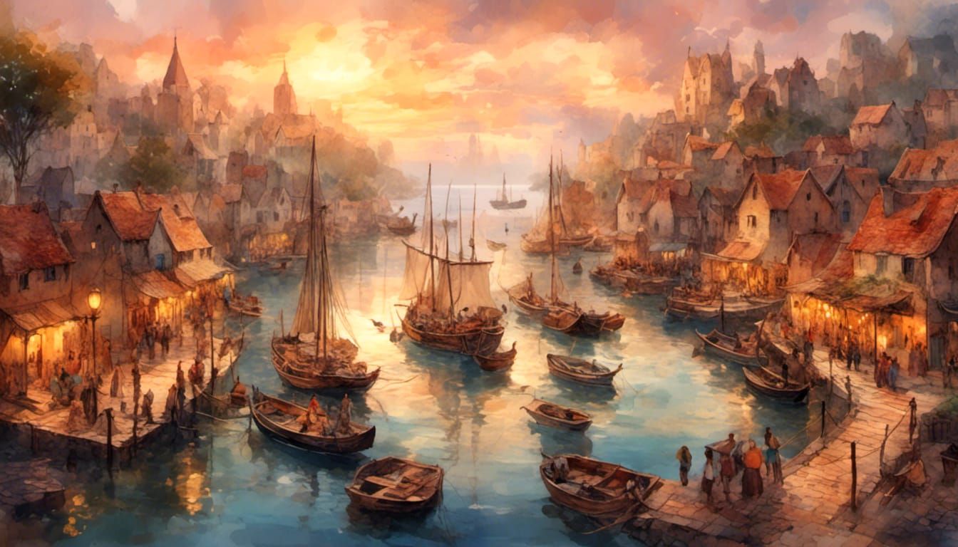 Fantasy Harbor with Sailboats in Oil Painting Style