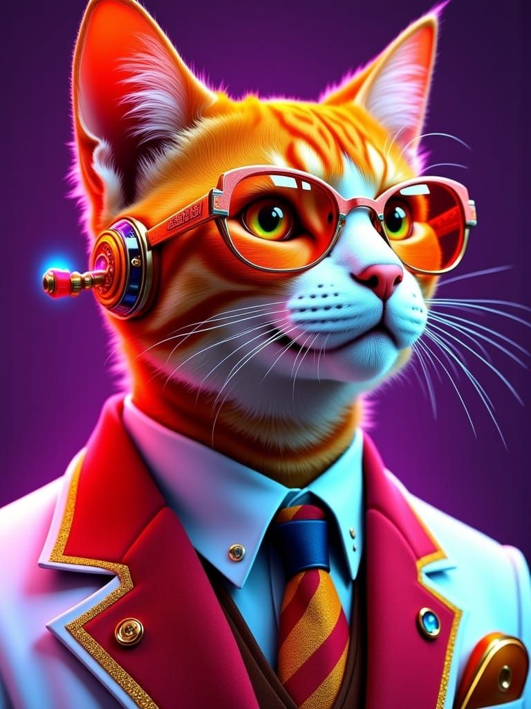 Glamorous Cyberpunk Tabaxi in Flashy Suit