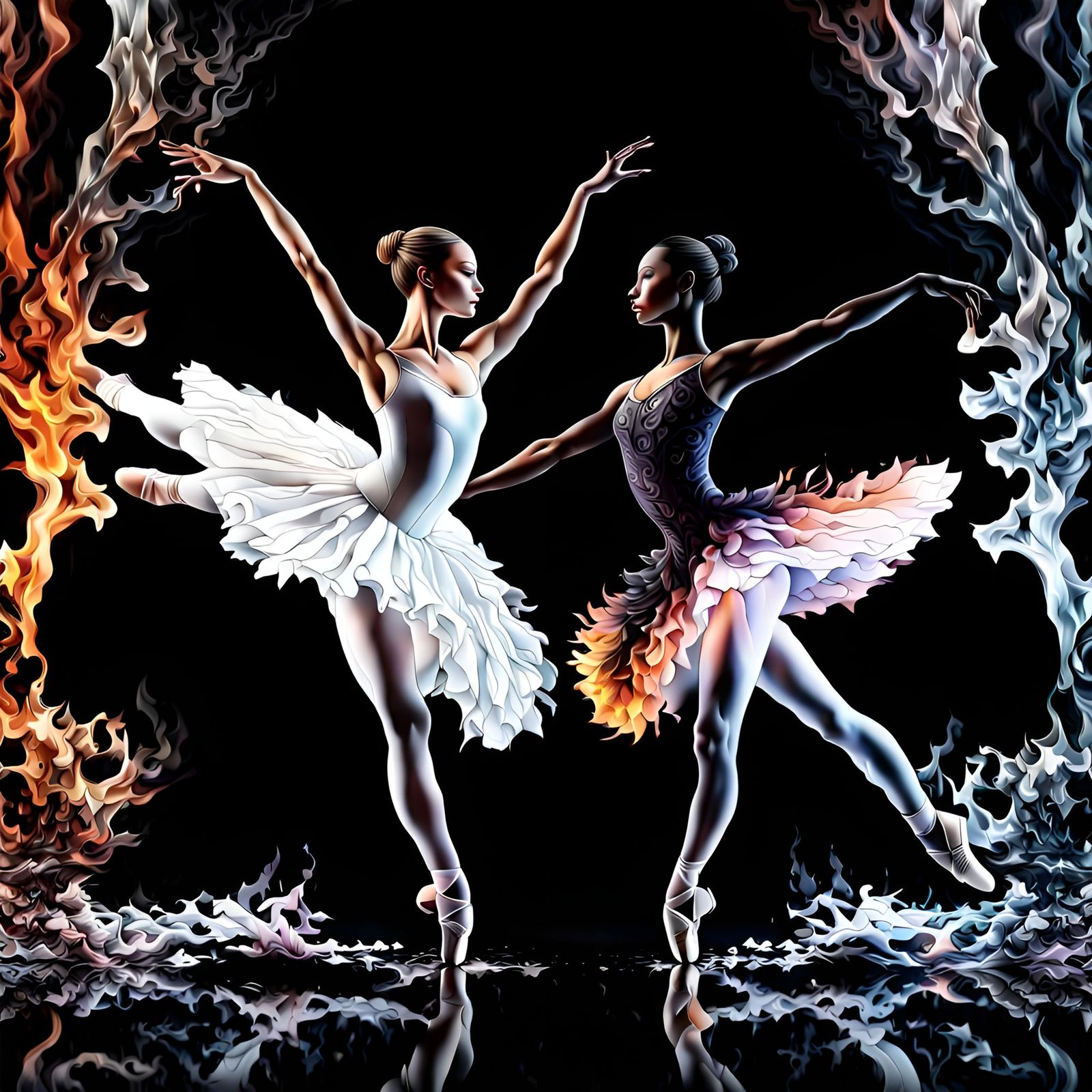 Dual Ballerinas Dancing Among Ice and Flames