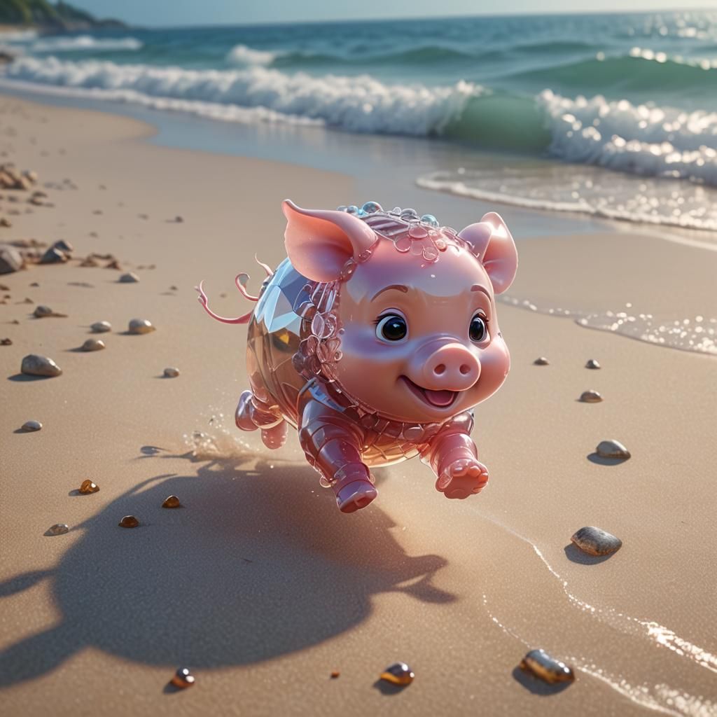 Cute Jelly Piglet Running on the Beach as 3D Digital Art