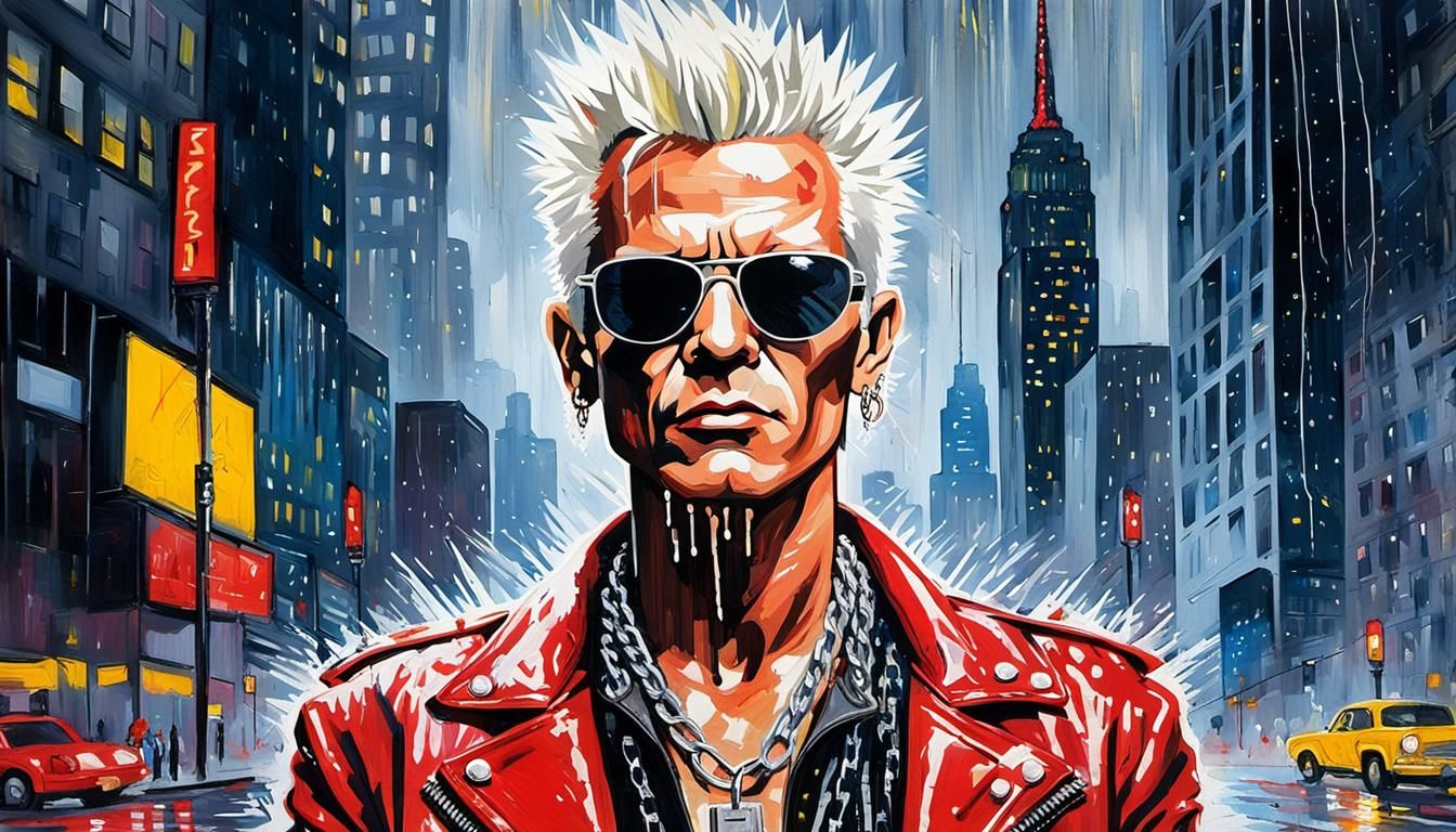 Billy Idol Portrait in Rainy Pop Art Style