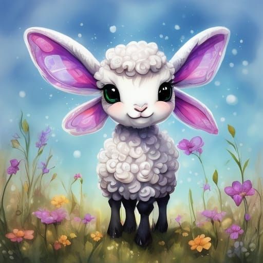 Lost Lamb in Wildflower Meadow, Cartoon Bokeh
