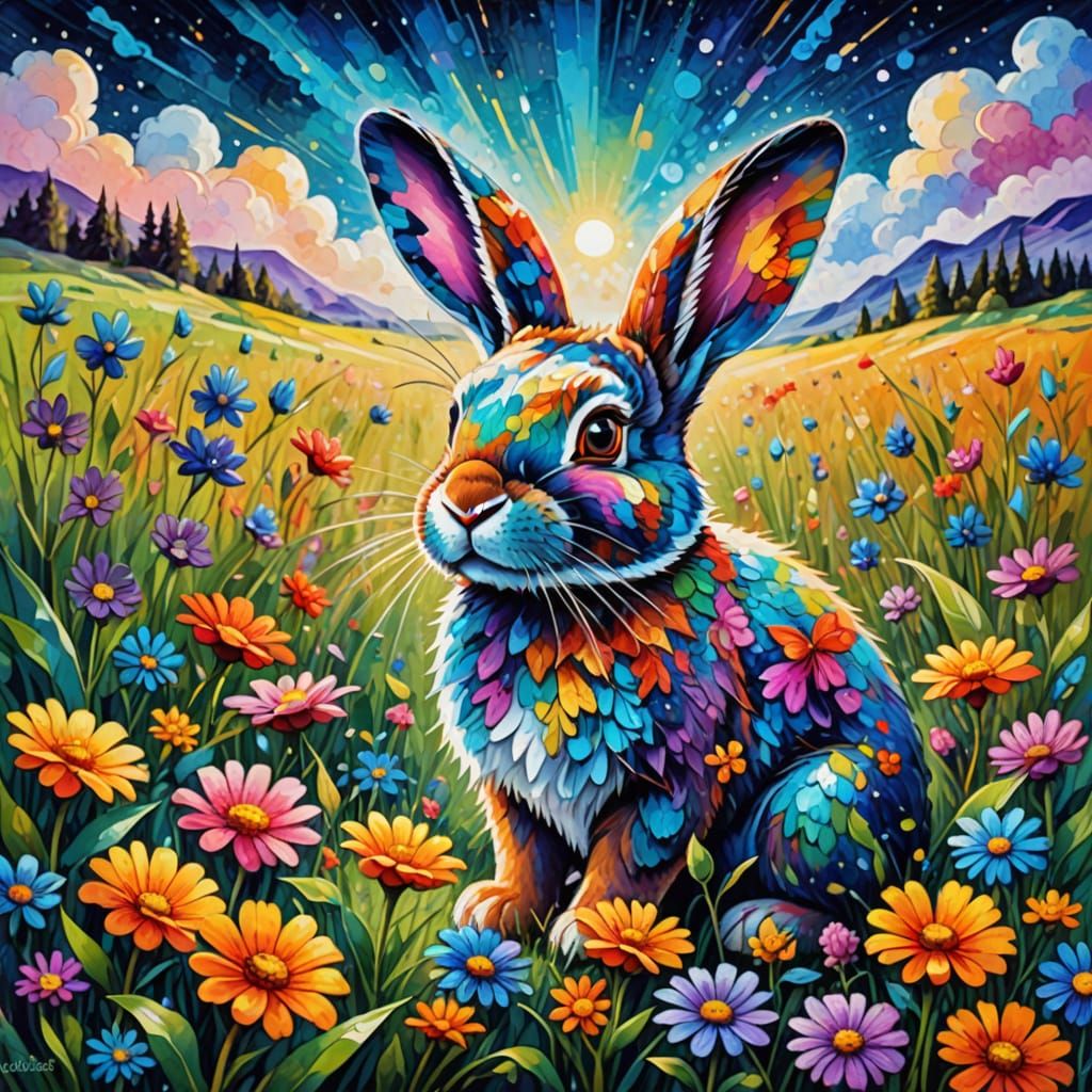 A rabbit sits in a sunny meadow, with a rainbow butterfly on its nose. The background features fluffy clouds and multico...