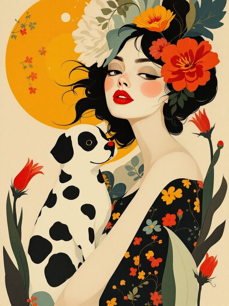 Feminine Portrait with Floral Accents in Fauvist Graphic Sty...